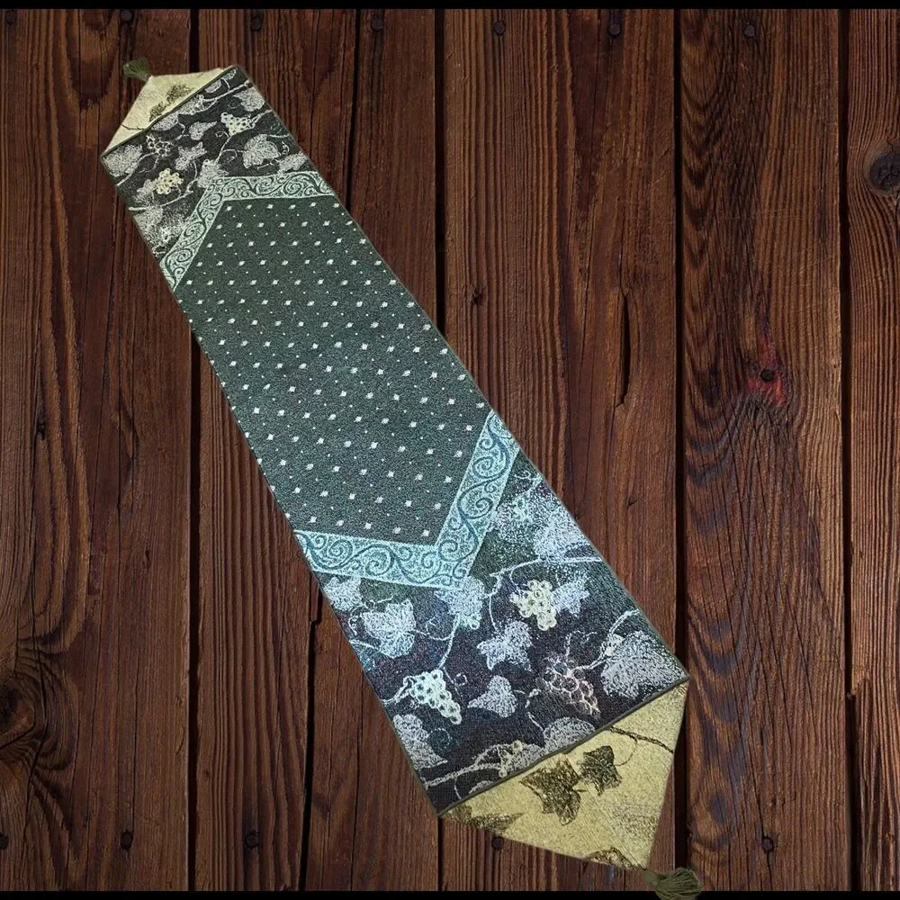 Winery Fruit Print Green Table Runner Heavy Woven Tassel 72” x 12.5” Granny Core